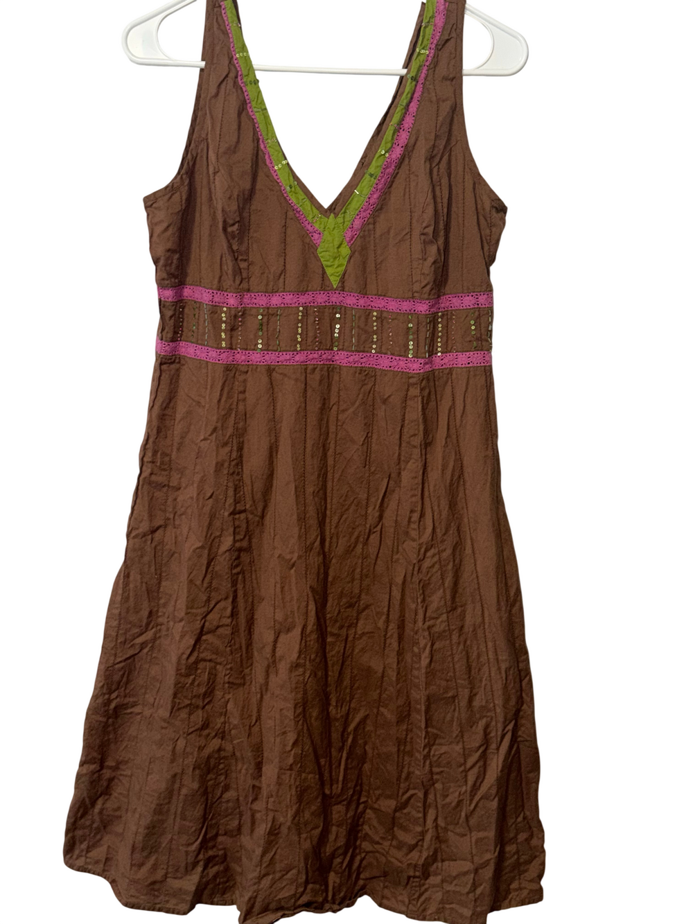 Forever 21 Brown Sleeveless Dress V-Neck Pink Lace Trim Sequin Stripe Detail